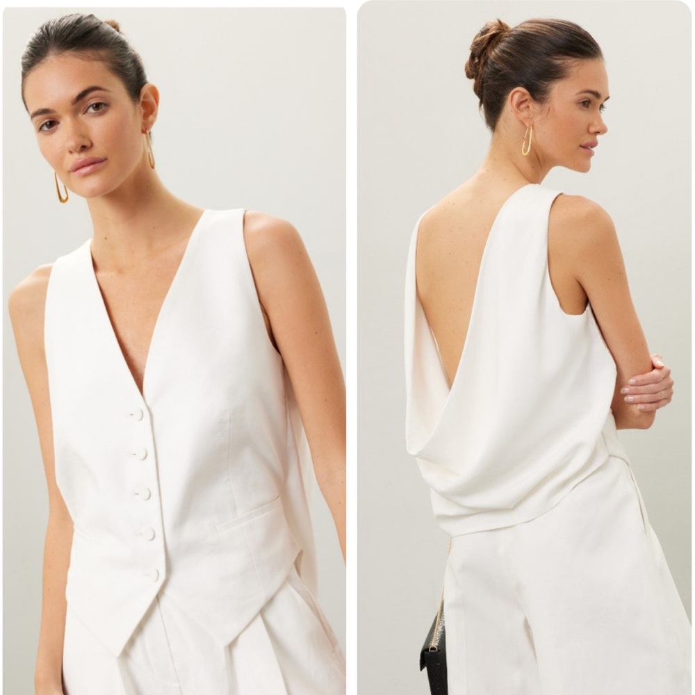 Nina Ricci Cady Draped Open Back‎ Vest in White Linen Blend Size US 10 42